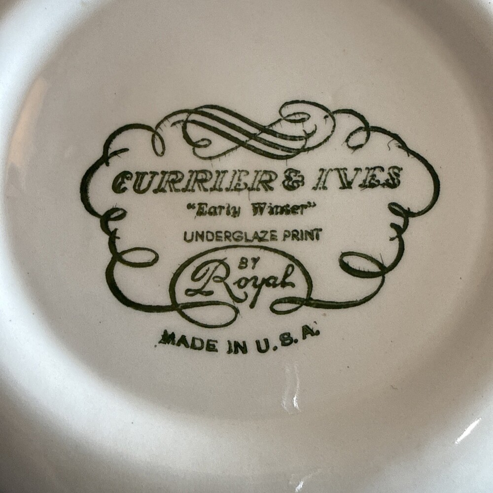 VTG currier and ives EARLY WINTER BY ROYAL  blue and white dishes MADE IN USA